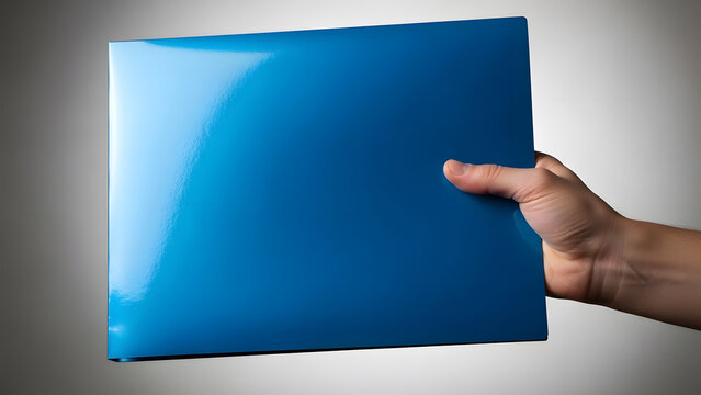 A realistic view of a male hand presenting a blank blue hardcover book.