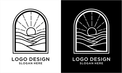 Minimalist Line Art Logo Design Featuring Sun and Waves in Arch Frame. © Firza