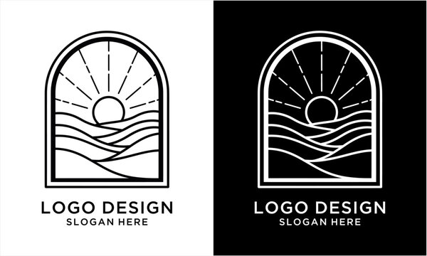 Minimalist Line Art Logo Design Featuring Sun and Waves in Arch Frame.