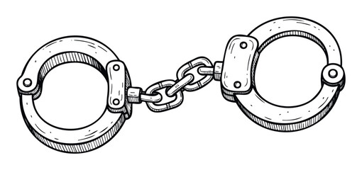 Stylized black and white outline illustration of traditional metal handcuffs, serving as a powerful symbol of law enforcement, freedom restriction, and justice system themes and concepts.