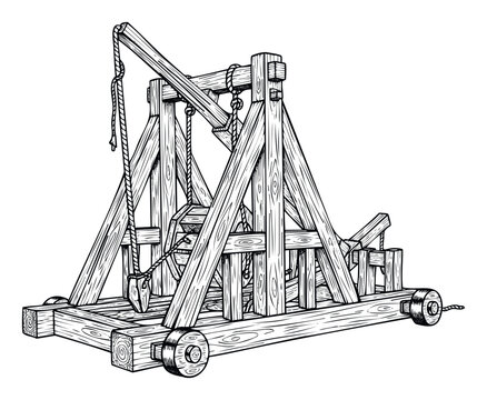 Ancient trebuchet siege engine crafted from wood and ropes on wheels, suitable for historical textbooks, educational resources, medieval game assets, and themed designs.