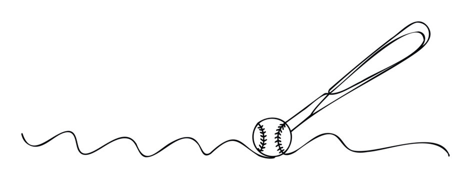 Minimalist single continuous line drawing of a baseball bat hitting a baseball, perfect for sports event promotions, game related media, or active lifestyle branding - Powered by Adobe