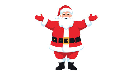 Jolly Santa Claus in his traditional red suit and hat with open arms welcoming everyone for the Christmas holiday.