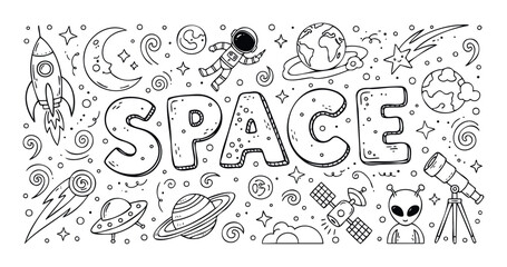 Obraz premium Black and white doodle style space exploration illustration featuring rockets, astronauts, planets, and celestial objects, ideal for educational materials, childrens books, or themed