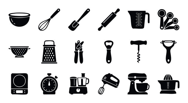 A comprehensive set of essential kitchen tools and small cooking appliances depicted as black silhouette icons, ideal for various culinaryrelated graphic presentations and instructional