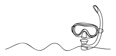 Simple continuous line drawing of a snorkel mask perfect for vacation advertising, travel agency promotions, swimming lesson flyers, or summer holiday resort branding.