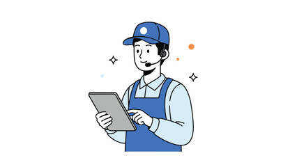 Professional delivery service worker or technician using a digital tablet for work while wearing a blue uniform and communication headset.