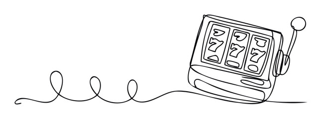 Single line sketch of a casino slot machine displaying lucky triple sevens, representing fortune and jackpot success, ideal for gaming industry websites or promotional graphics