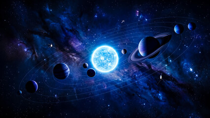 Solar system with planets orbiting a bright blue star in a dark blue galaxy space