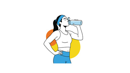 Healthy woman in workout clothes drinking water from a bottle after a fitness session with colorful abstract shapes in the background.
