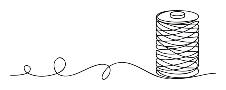 Simple minimalist continuous line drawing of a thread spool unwinding into a graceful flowing curve perfect for crafting, textile, or sewing industry related projects
