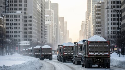 Dump truck driving in line on snowy road. Winter city street with snow piled high after blizzard. Urban snow removal service concept.
