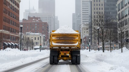 Yellow truck loaded with snow on a city street after a heavy winter snowfall. Urban snow removal service. Winter season transportation cleanup.