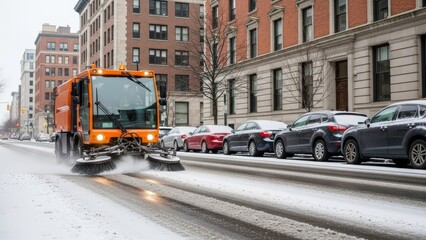 Street sweeper cleaning fresh snow from urban street in snow-covered city