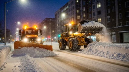 Snowplow truck and bulldozer clearing snow from city street at night. Winter storm cleanup and road maintenance. Urban infrastructure concept.