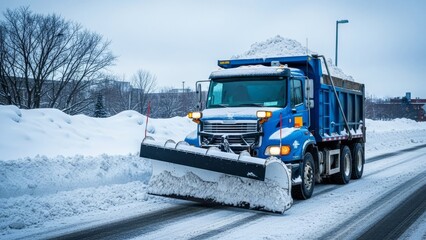 Blue snowplow truck clearing snowy road during winter storm for road maintenance and safety. Heavy duty vehicle for cold weather.