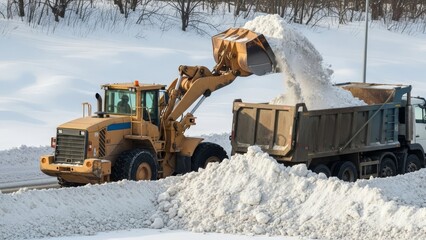 Loader bucket filling truck with snow for road cleaning. Heavy machinery performing winter snow removal. Snowplow works on highway condition.