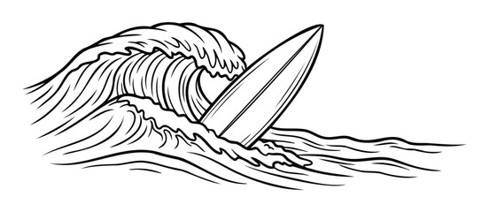 Dynamic outline drawing of a surfboard standing upright in a powerful ocean wave, ideal for water sports promotions, beach club branding, and surfing enthusiast merchandise.
