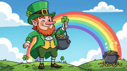 Cheerful cartoon leprechaun holding pot of gold and shamrock under rainbow on st patricks day