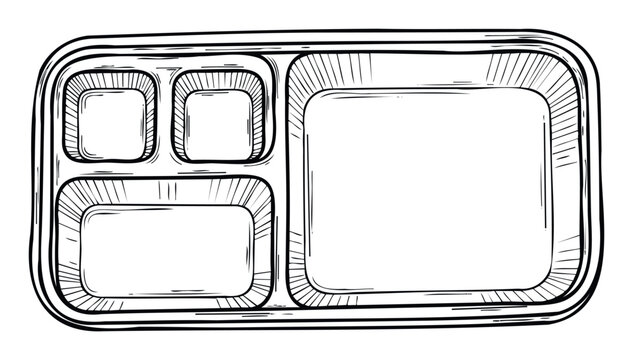 Black and white handdrawn sketch of a compartmentalized bento box or school lunch tray for food packaging concepts meal prep ideas or cafeteria service applications