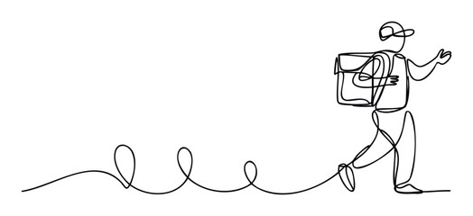Dynamic continuous line graphic depicting a delivery person with a backpack and cap walking forward, creating a fluid wavy trail, useful for modern logistics and swift service applications.