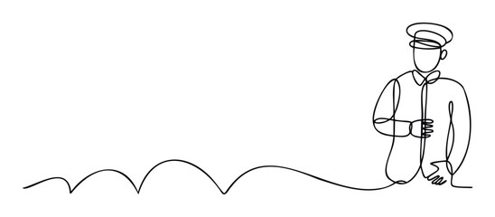 Minimalist continuous line drawing of a professional service staff member in a formal uniform with a cap, ideal for hospitality, customer service, or exclusive event branding projects.