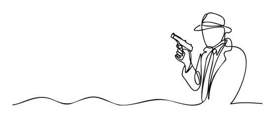 Continuous line drawing of a mysterious man in a fedora hat and trench coat holding a gun, perfect for modern crime thriller movie posters or detective story book covers.