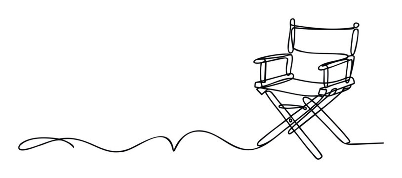 Modern single line style drawing of a classic film director chair symbolizing cinematic creation and storytelling perfect for marketing campaigns, event invitations, and digital media.