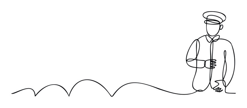Minimalist continuous line drawing of a professional service staff member in a formal uniform with a cap, ideal for hospitality, customer service, or exclusive event branding projects.