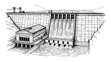Hydroelectric power station with water flowing over the dam spillways and from the turbines, generating electricity for industrial and environmental energy applications.