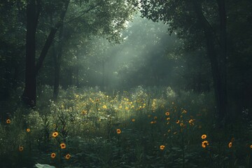 The forest and wildflowers under the afternoon sun