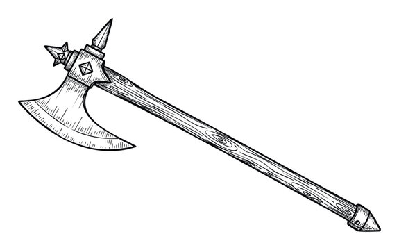 Vintage style drawing of a longhandled medieval battleaxe featuring sharp metal blade and decorative spiked pommel, perfect for historical weapon imagery and adventure themed graphic