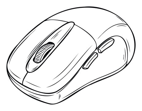 Detailed line drawing of a modern wireless computer mouse, featuring a scroll wheel and side buttons, ideal for technology blogs, gadget reviews, and instruction manuals