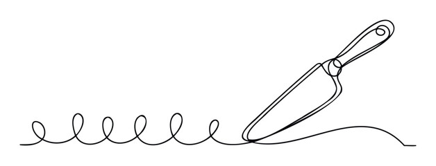 Minimalist single continuous line drawing depicting a kitchen chef knife seamlessly integrated with a series of looping organic shapes, suitable for culinary branding or food industry