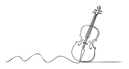 Continuous single line drawing of a classical violin instrument with an elegant wavy musical staff, perfect for music academy branding, concert programs, and stationery applications.