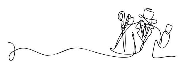 Elegant one line drawing depicting a sophisticated tailor or professional holding large scissors, perfect for promoting skilled craftsmanship, bespoke services, or creative business
