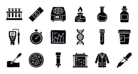 Essential science lab equipment and research instruments displayed as a versatile iconography set perfect for educational resources healthcare marketing and scientific discovery graphics