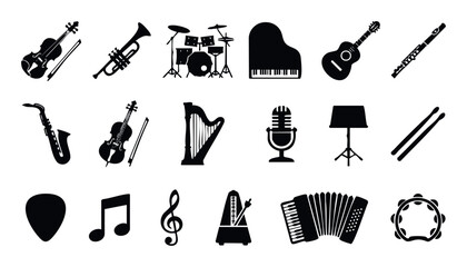Comprehensive collection of diverse musical instrument and music symbol silhouettes perfect for educational materials, music school promotions, or graphic design projects related to sound