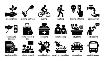 A versatile collection of glyph icons illustrating responsible environmental practices, community engagement, and sustainable living actions, ideal for educational content and public
