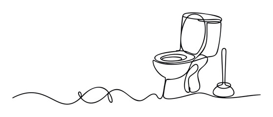 Single continuous line drawing portraying a modern toilet with an open lid and a standing plunger, ideal for plumbing business promotions or minimalist bathroom related content.