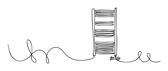 Minimalist continuous line drawing of a modern towel warmer radiator for bathroom interior concepts or home heating system advertisements and plumbing service promotions.