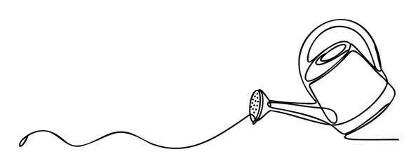 A minimalist continuous line drawing of a watering can pouring water, ideal for gardening blogs, home decor themes, and natureinspired project designs.