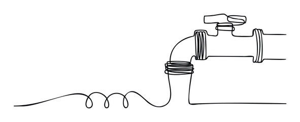 Minimalist continuous line drawing of a water faucet and pipe representing flow and connection, suitable for plumbing services, environmental campaigns, or educational materials.