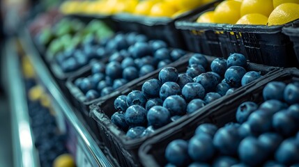 Customers choose deep blue blueberries under supermarket lighting