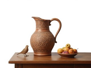 Decorative pitcher with bird figurine and fruit bowl
