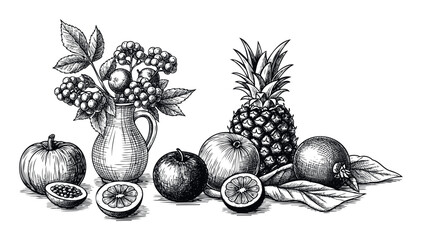 Detailed black and white engraving style drawing of a diverse still life arrangement featuring various fresh fruits and berries for healthy food and agricultural themes