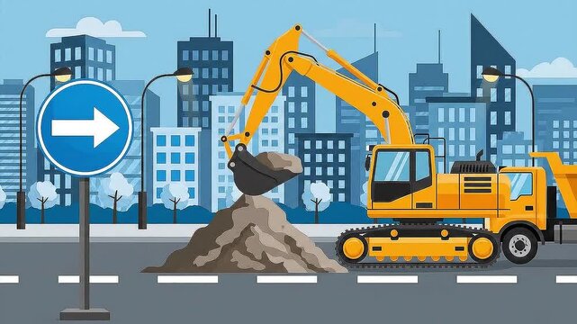 City road construction with yellow excavator illustration