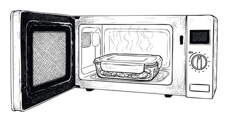Open microwave oven with a steaming food container inside, perfect for culinary blogs, kitchen appliance advertisements, and food preparation instructions