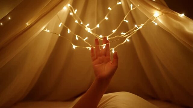 Pov lying down looking up at a fabric bed canopy with a warm fairy lights string attached, creating a starry pattern of light dots all around, concept of a magical personal canopy