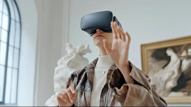 Woman Exploring Virtual Reality Art Museum with VR Headset